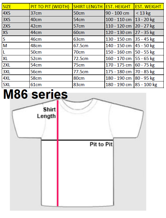 M86 size chart